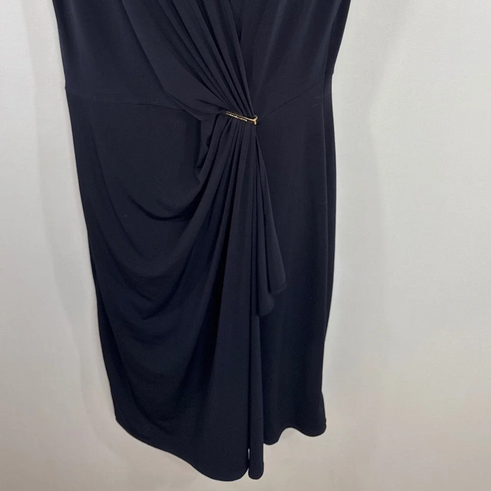 Michael Kors Black Gold Logo Drape V-Neck Sheath Dress Womens M Cocktail Modest